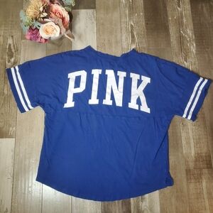 PINK Victoria's Secret Blue & White Varsity Short Sleeve Crewneck Pocket Tee